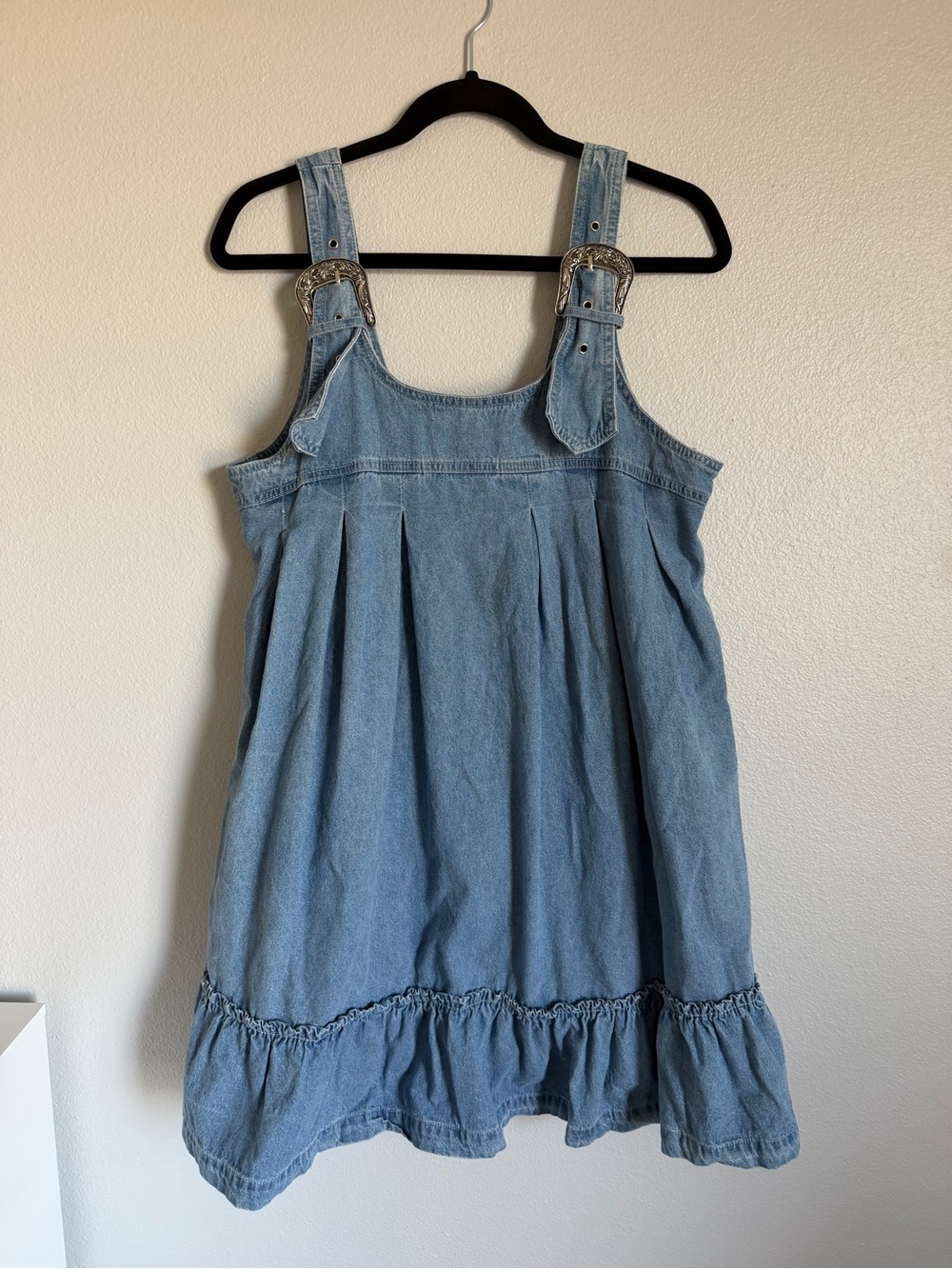 Denim Mini Pinafore Dress in Light Blue
